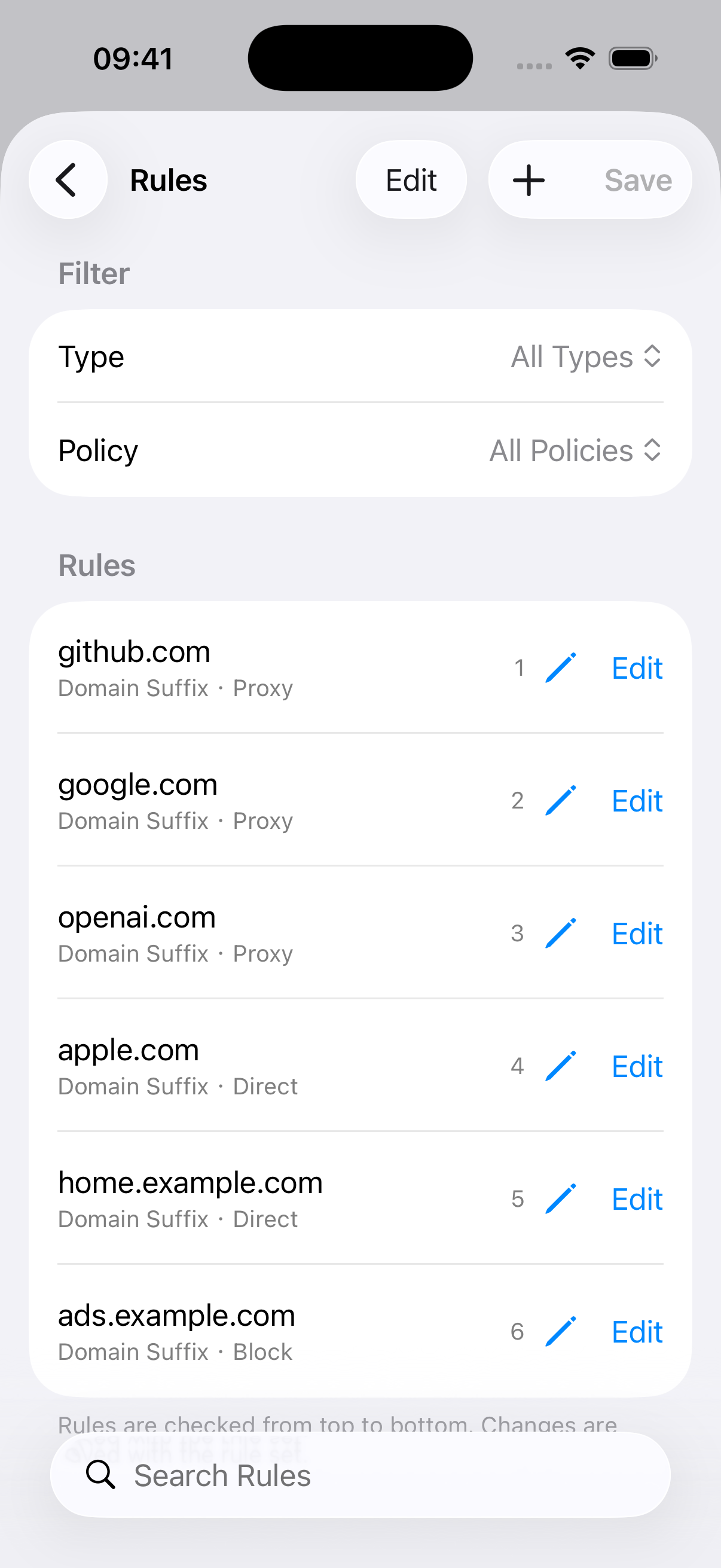 U-VPN Rules editor showing example domain rules with Proxy, Direct and Block policies